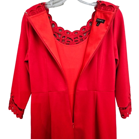 Nwot Talbots Red Ponte Knit Three quarter Sleeve Scalloped Cutout Lace Dress - Picture 11 of 17